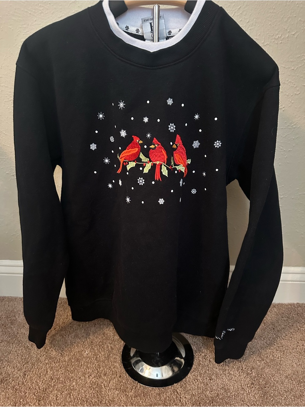 Black Christmas Crewneck Sweater with Red Cardinals Embroidery